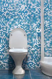 White toilet in blue tiled bathroom.